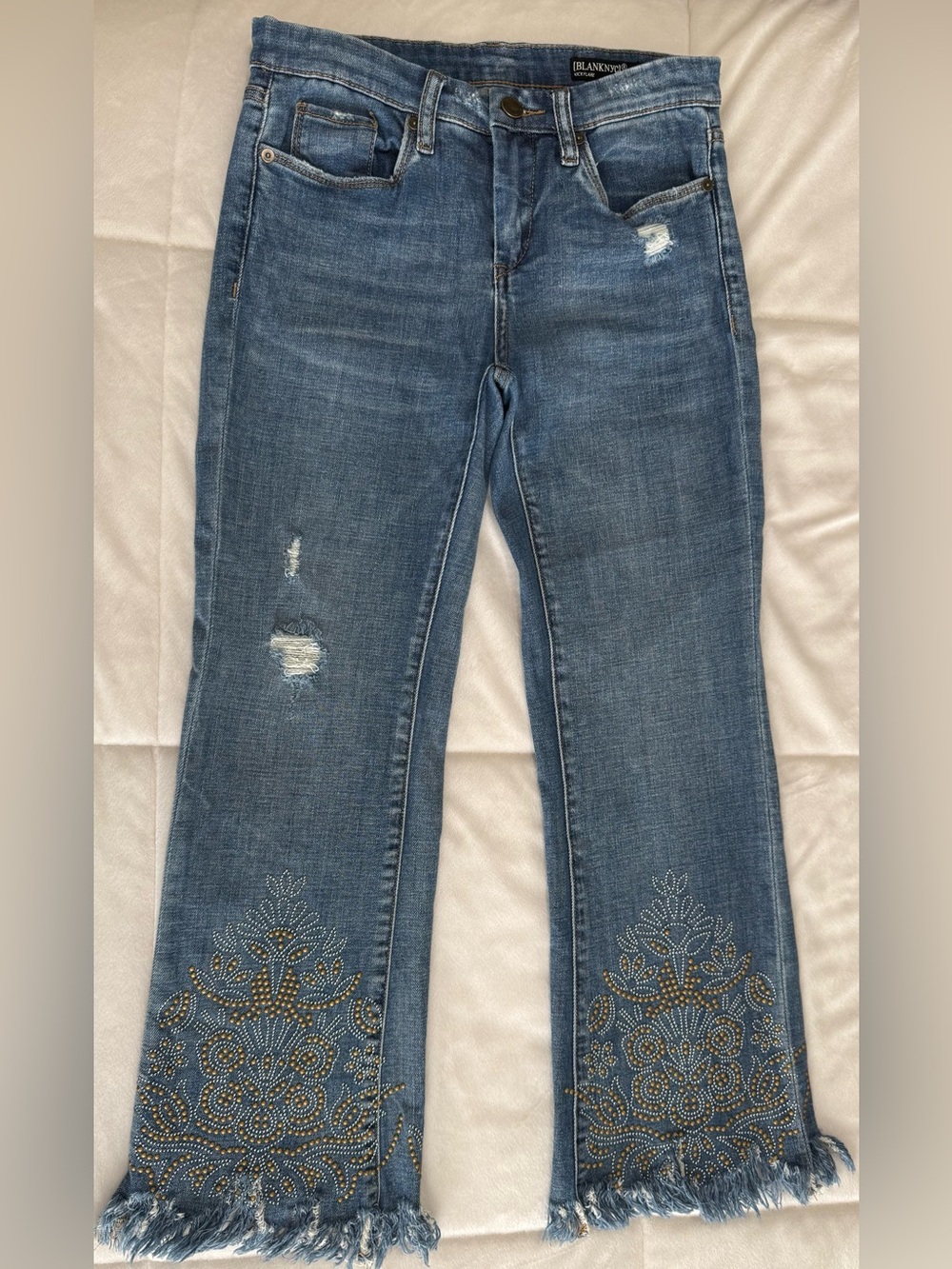 BLANKNYC  Size 26 Embellished Kick Flare Jeans Distressed Raw Hem Studded Boho